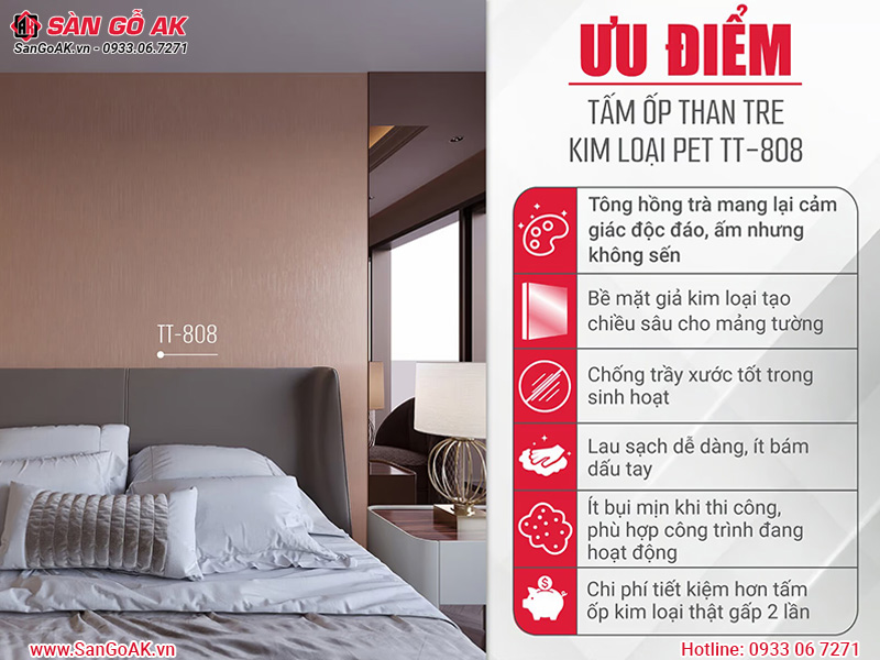 Ưu điểm của tấm ốp than tre vân kim loại PET TT-808