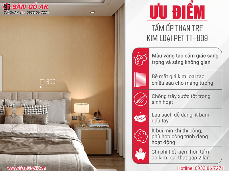 Ưu điểm của tấm ốp than tre vân kim loại PET TT-809
