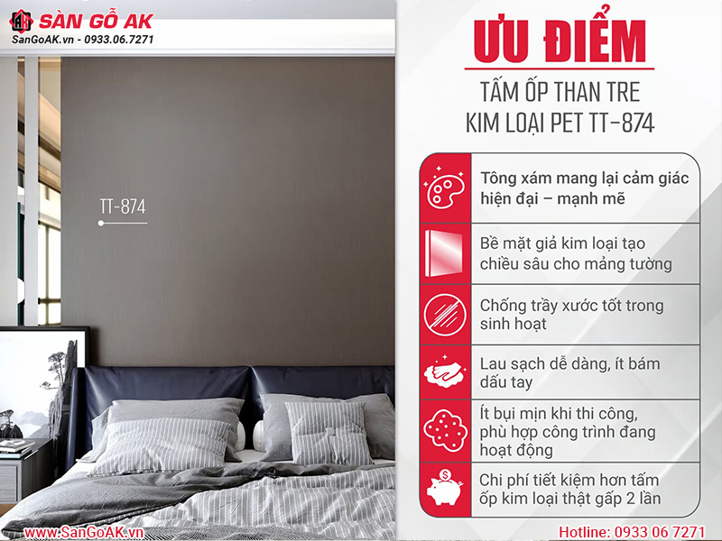 Ưu điểm của tấm ốp than tre vân kim loại PET TT-874