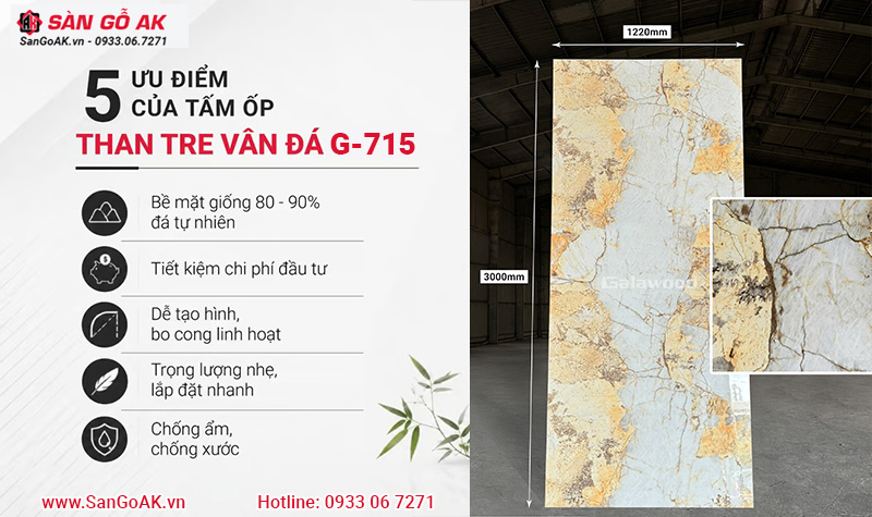 Ưu điểm của tấm ốp sợi than tre Galawood vân đá G-715