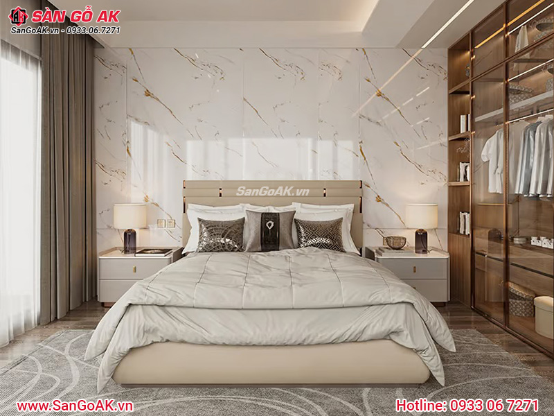 Vách tường phòng ngủ ốp nhựa giả đá vân mây dát vàng sang trọng