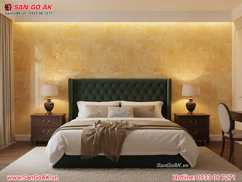 Ý tưởng trang trí phòng ngủ tân cổ điển với nhựa giả đá vàng đậm